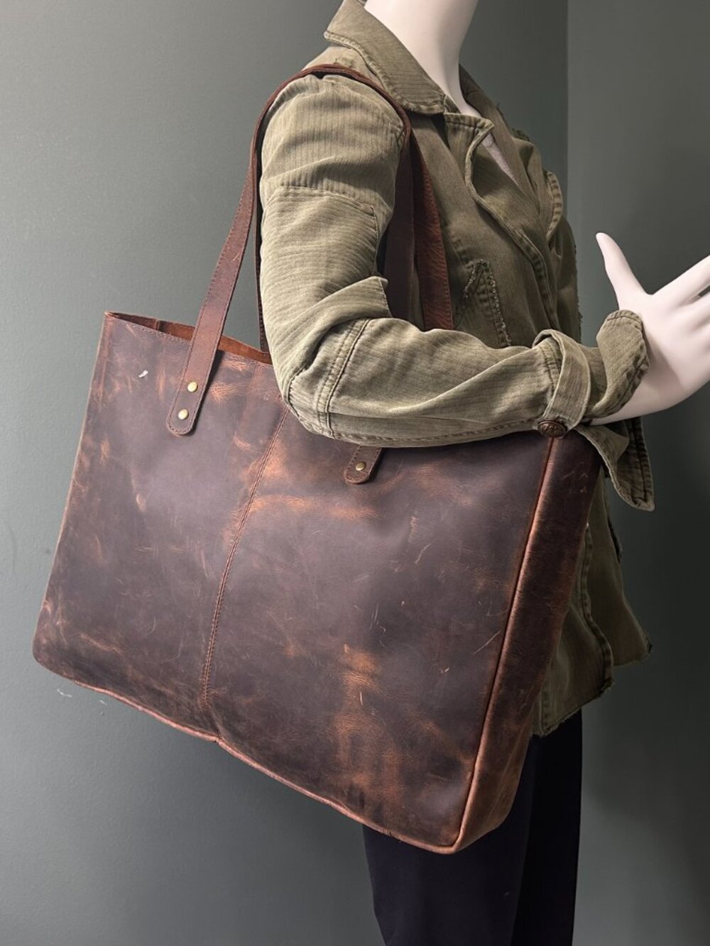 KomalC Leather Tote Bag Large Brown Distressed Shoulder 18" Travel Business